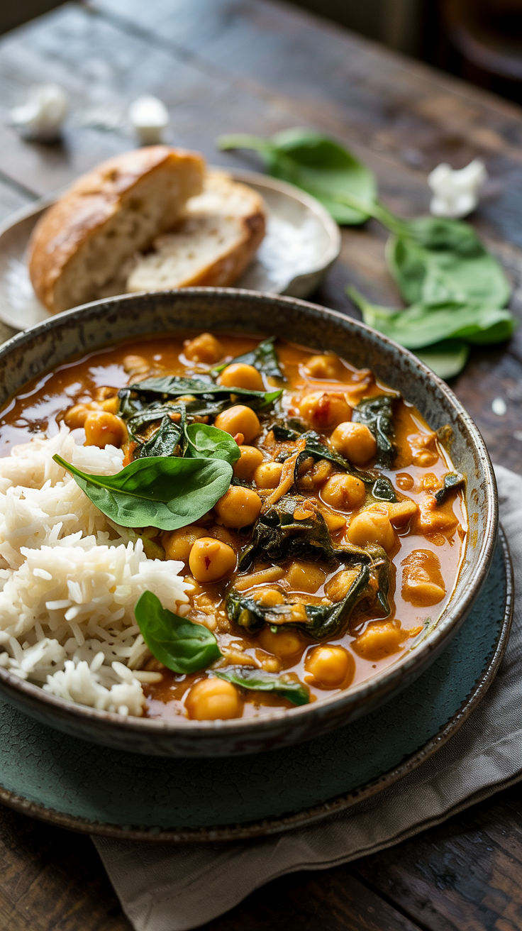 A creamy (dairy-free) curry made with chickpeas, spinach, coconut milk, and spices