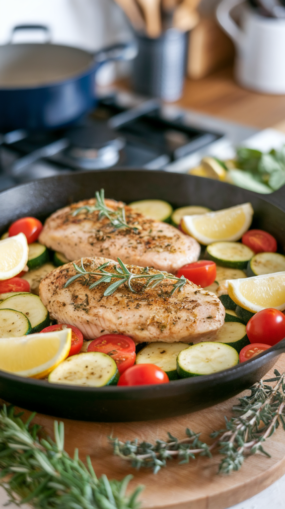 Easy Healthy Dinner Recipes for Two A one-pan dinner with seared chicken, zucchini, cherry tomatoes, and fresh lemon