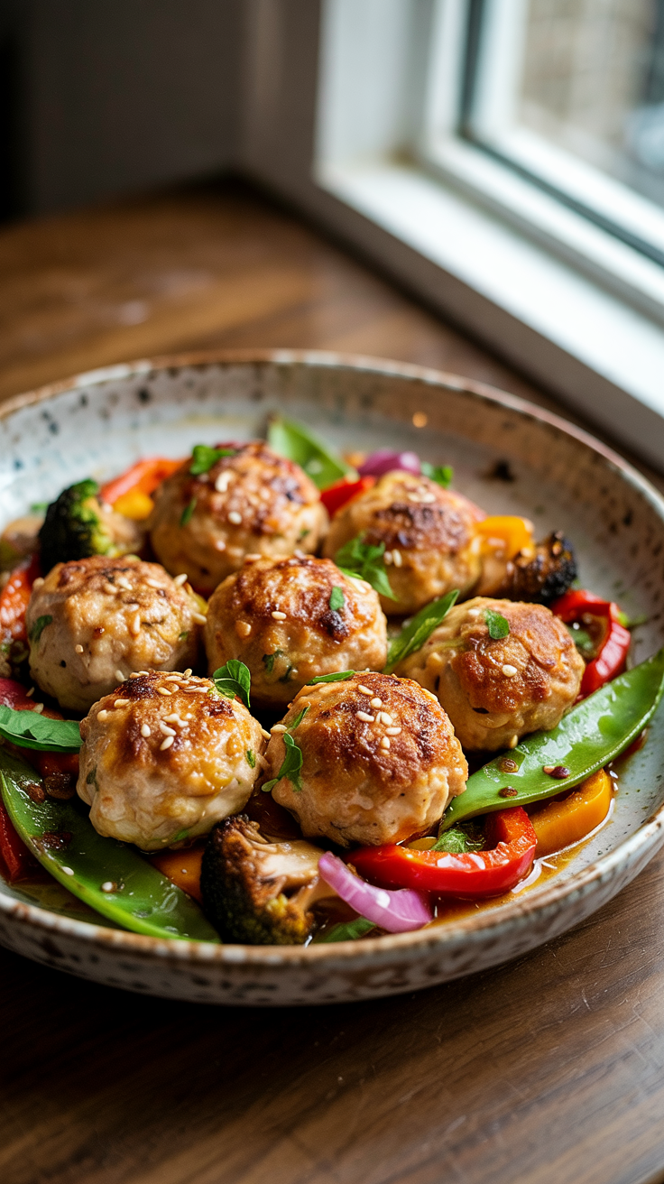 Baked chicken meatballs served with sautéed veggies and a light ginger glaze