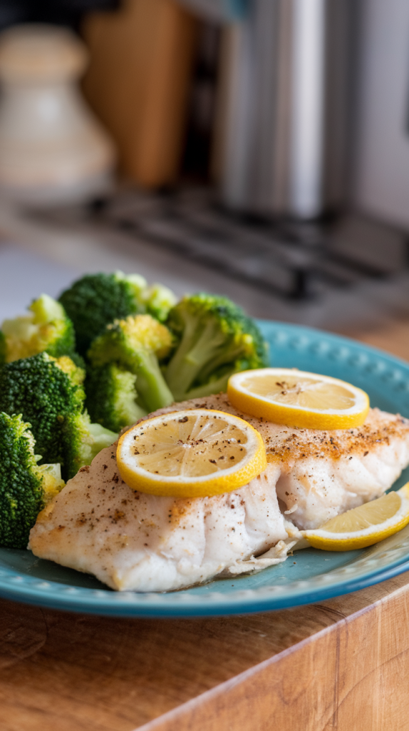 Easy Healthy Dinner Recipes for Family Baked lemon pepper tilapia fillet with broccoli on a plate, garnished with parsley and lemon wedges.