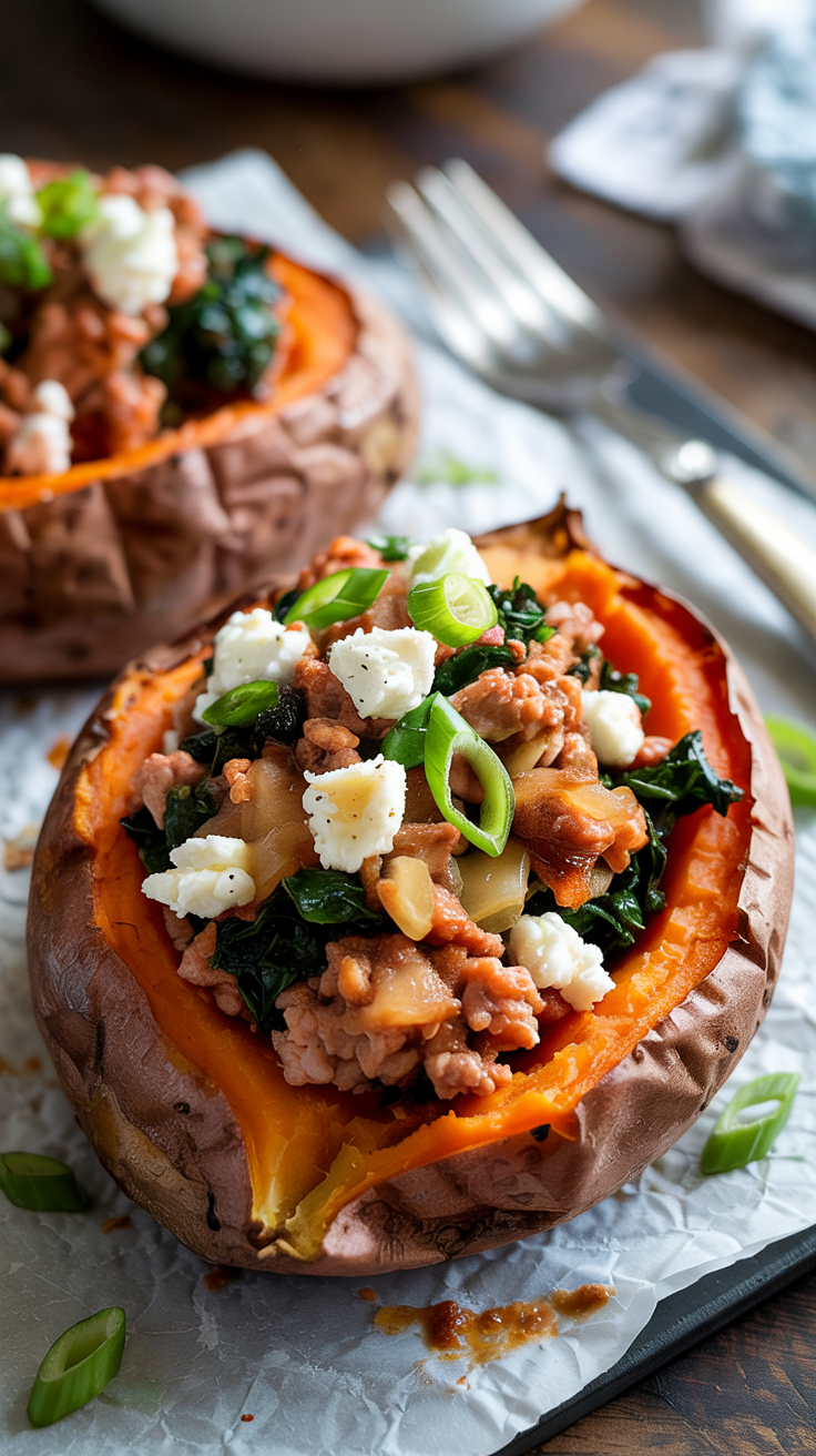 Baked sweet potatoes filled with tender turkey, kale, onions, and light spices
