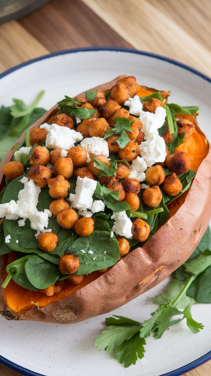 Baked sweet potatoes loaded with spinach, feta, chickpeas, and herbs.