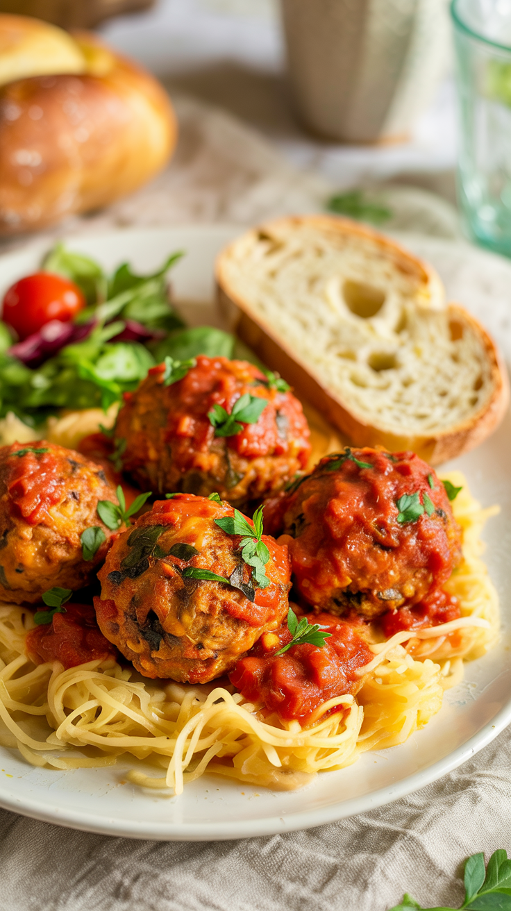 Baked turkey meatballs with shredded veggies served over spaghetti squash