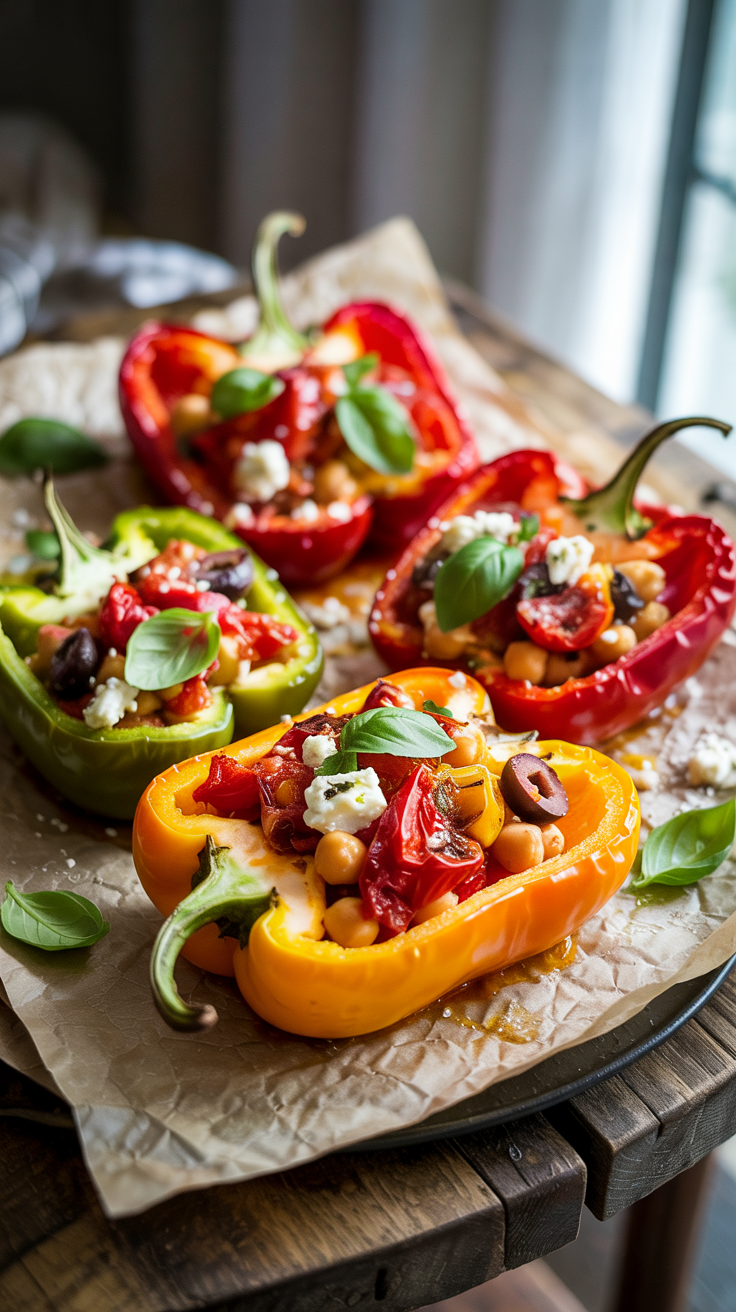 Bell peppers filled with chickpeas, tomatoes, olives, herbs, and couscous