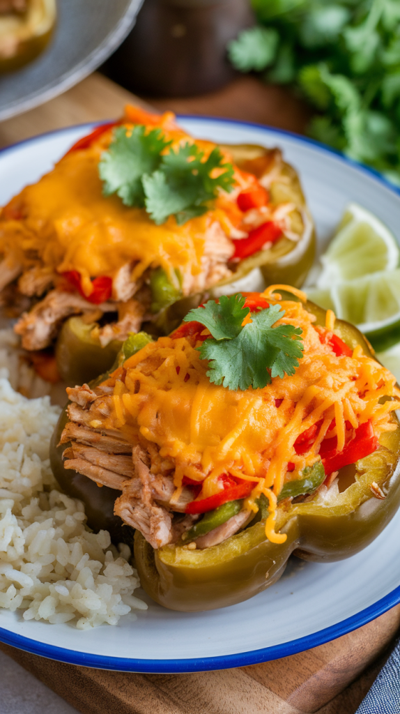 Bell peppers stuffed with chicken, veggies, and fajita seasoning