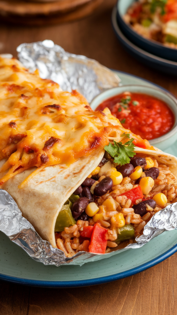 Black beans, corn, tomatoes, peppers, seasoning, and brown rice