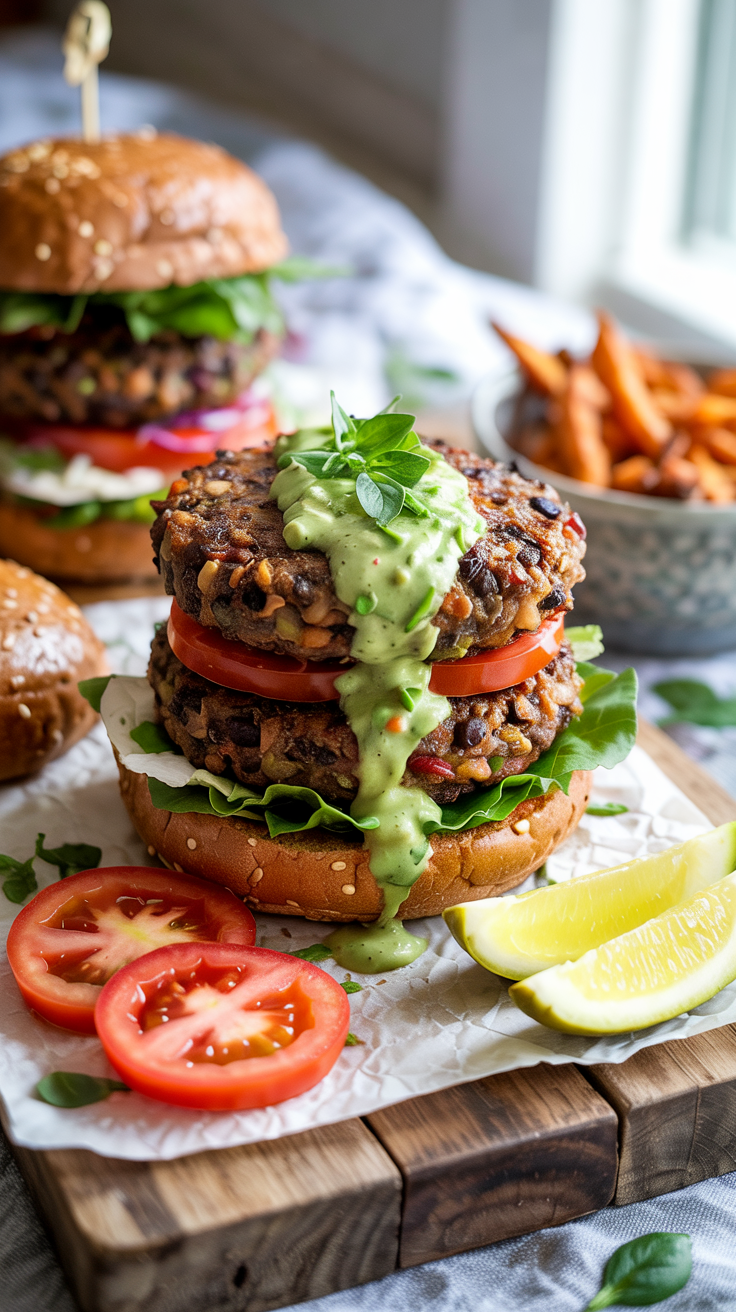 Black bean–quinoa patties with a zesty avocado lime drizzle