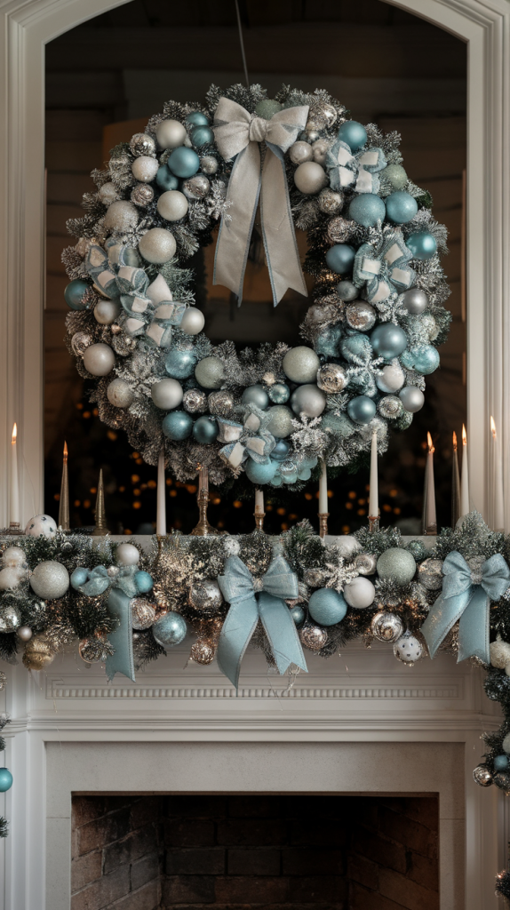 Christmas Trends 2025 Blue and Silver Christmas Mantle