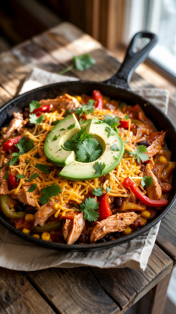Chicken, peppers, onions, corn, and black beans tossed with taco seasoning