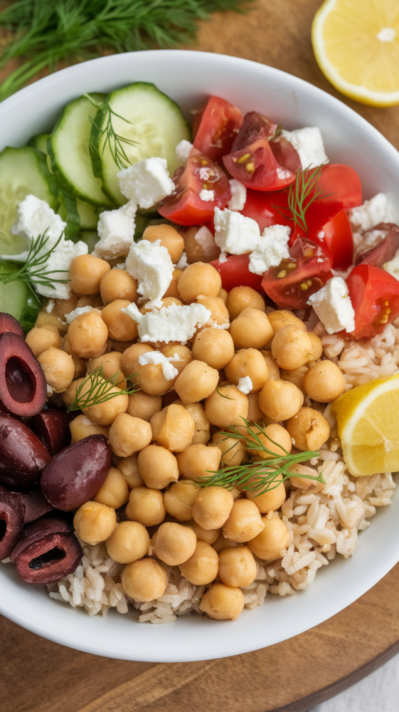 Easy Healthy Dinner Recipes for Two Chickpeas, cucumbers, tomatoes, olives, feta, and lemon-dill dressing