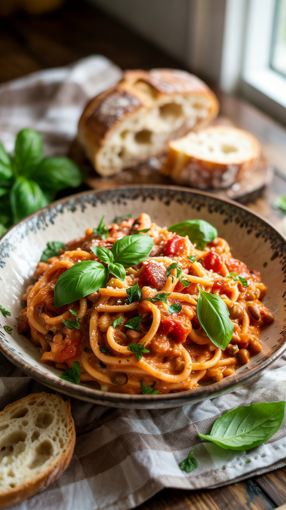 Healthy Dinner Recipes Vegetarian Creamy Tomato Basil Lentil Pasta (No Cream)