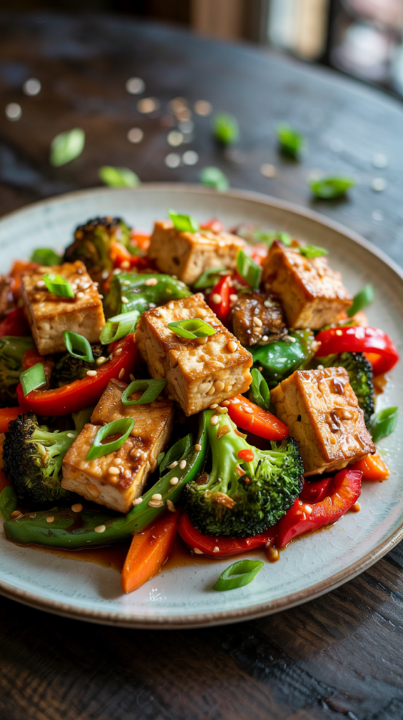 Crispy Baked Tofu with Sesame Vegetable Stir Fry