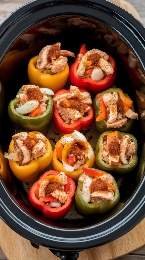 Crockpot Bell peppers stuffed with chicken, veggies, and fajita seasoning
