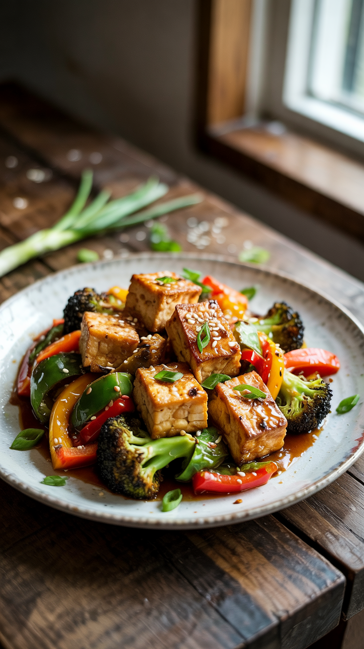 Crunchy baked tofu tossed with sautéed veggies and light sesame-ginger sauce