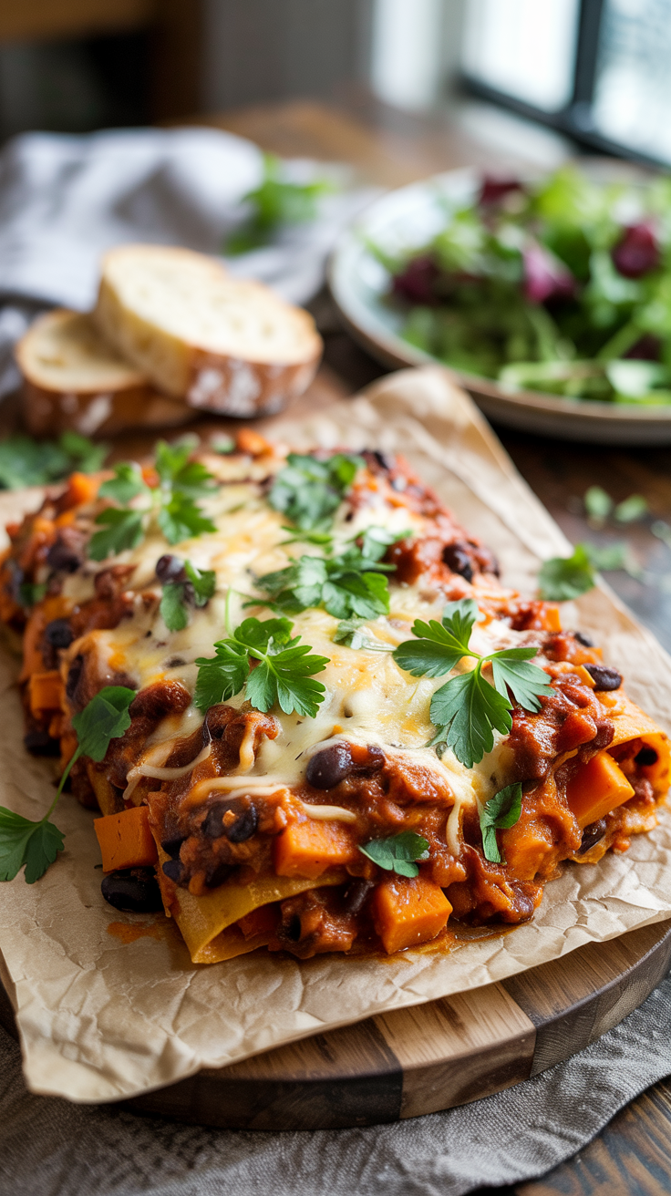 Enchilada Bake, Layers of sweet potatoes, black beans, tortilla strips, and enchilada sauce
