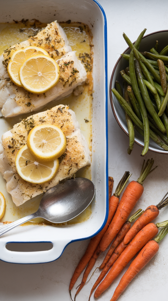 Flaky cod seasoned with lemon pepper, roasted carrots