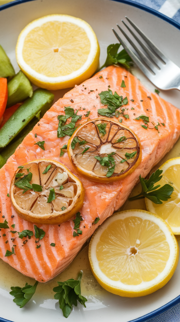 Flaky salmon with lemon, herbs, and asparagus
