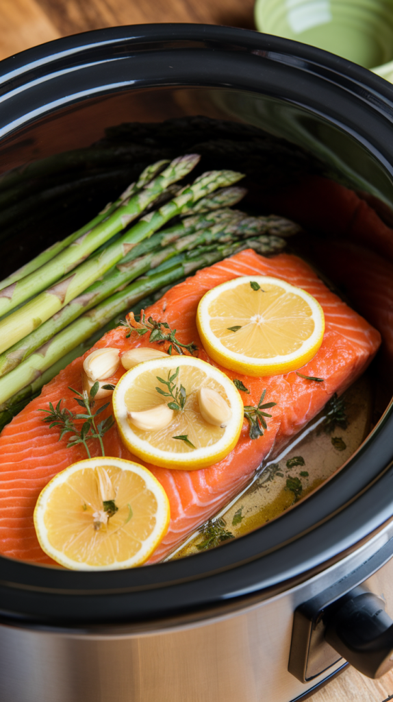 Flaky salmon with lemon, herbs, and asparagus Crockpot