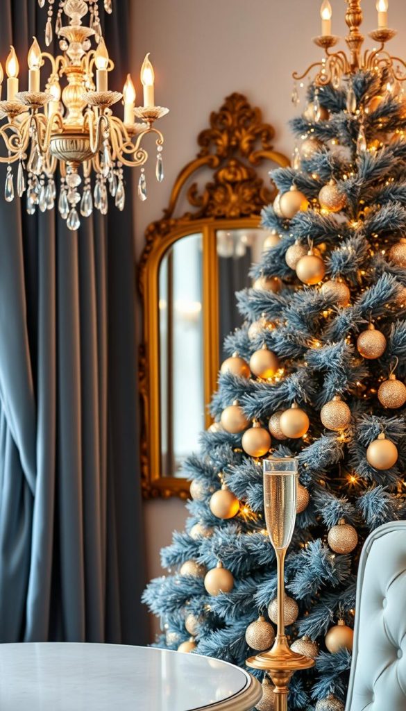 French blue Christmas decor with champagne accents