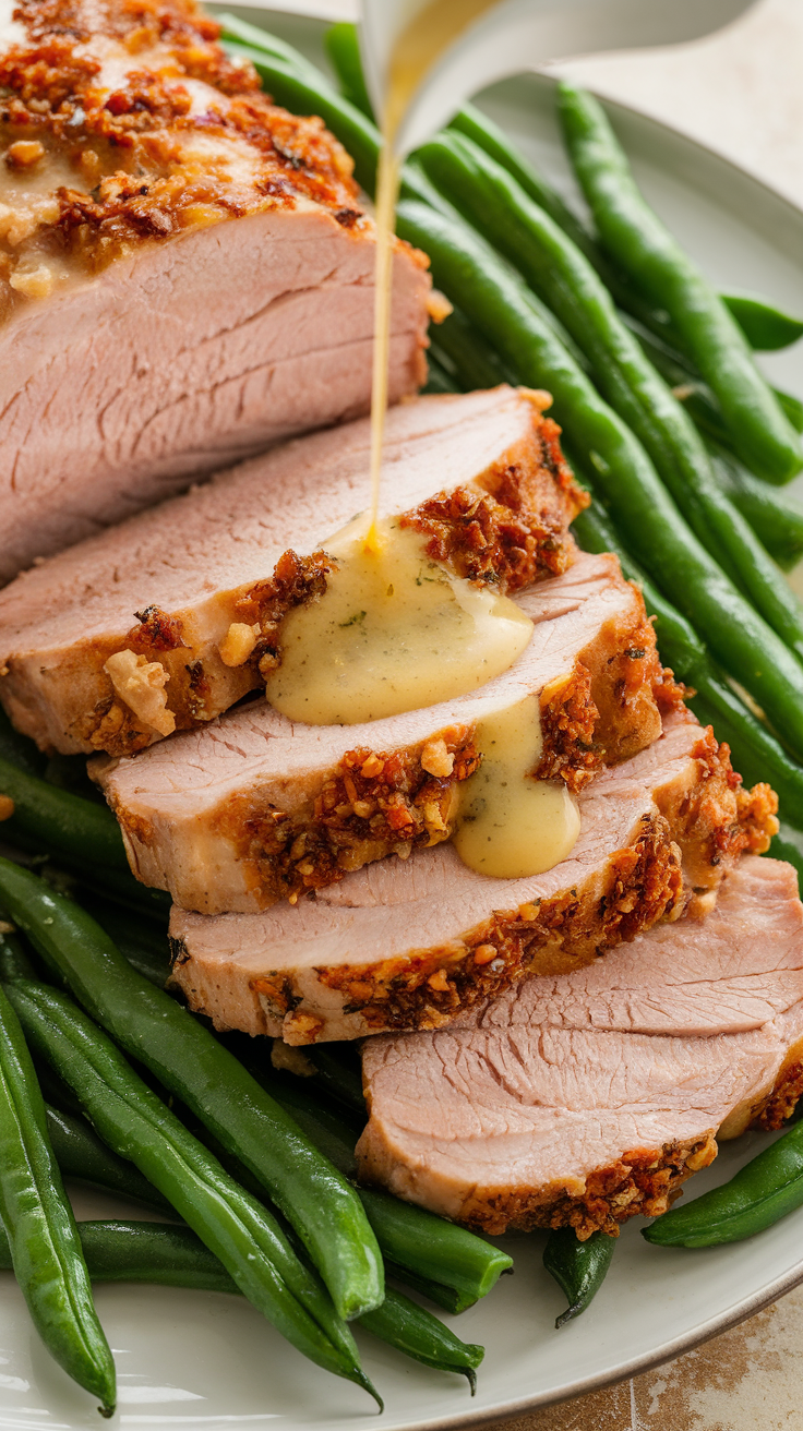 Garlic Parmesan Roasted Pork Tenderloin with Green Beans