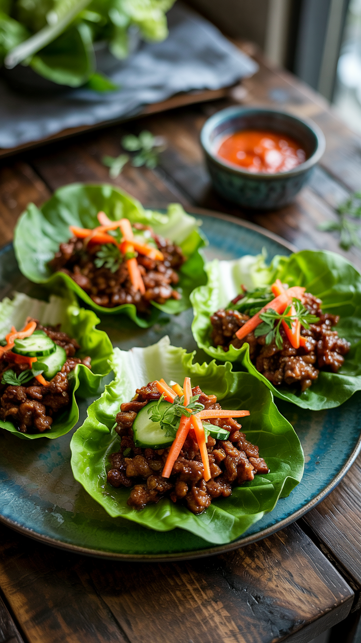 Ginger-garlic ground beef spooned into crisp lettuce cups with shredded carrots + cucumbers