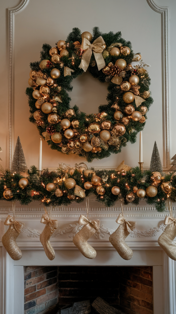 Gold and white christmas mantle decor