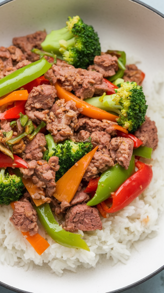 Ground Beef and Vegetable Stir Fry with Ginger Soy Sauce