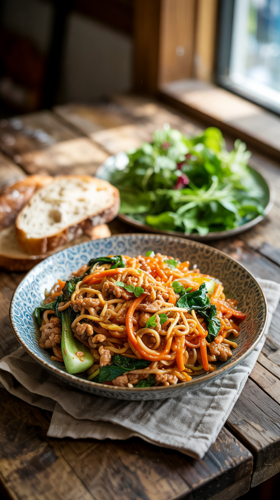 Ground Turkey, shredded carrots, bok choy, and noodles tossed in a ginger-soy sauce