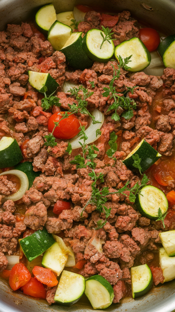Ground beef sautéed with zucchini, tomatoes, onions, and Italian spices for a low-carb dinner