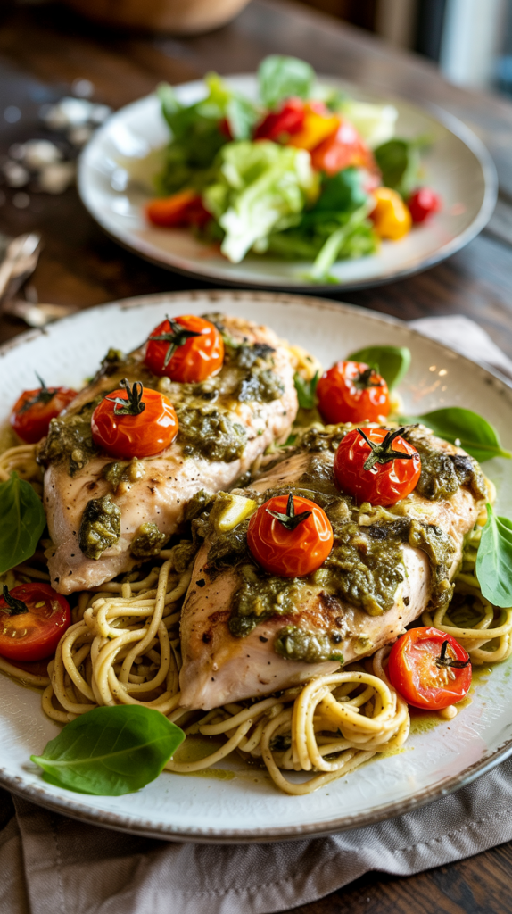 Chicken Dinner Recipes Healthy Juicy baked chicken topped with basil pesto and roasted tomatoes