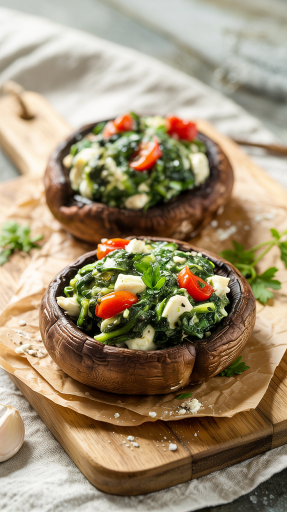 Large portobellos filled with spinach, feta, garlic, tomatoes, and herbs
