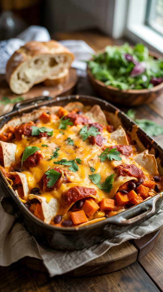 Layers of sweet potatoes, black beans, tortilla strips, and enchilada sauce
