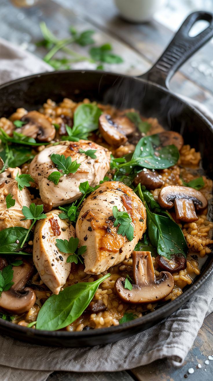 Lean chicken cooked with mushrooms, onions, spinach, and brown rice in one pan