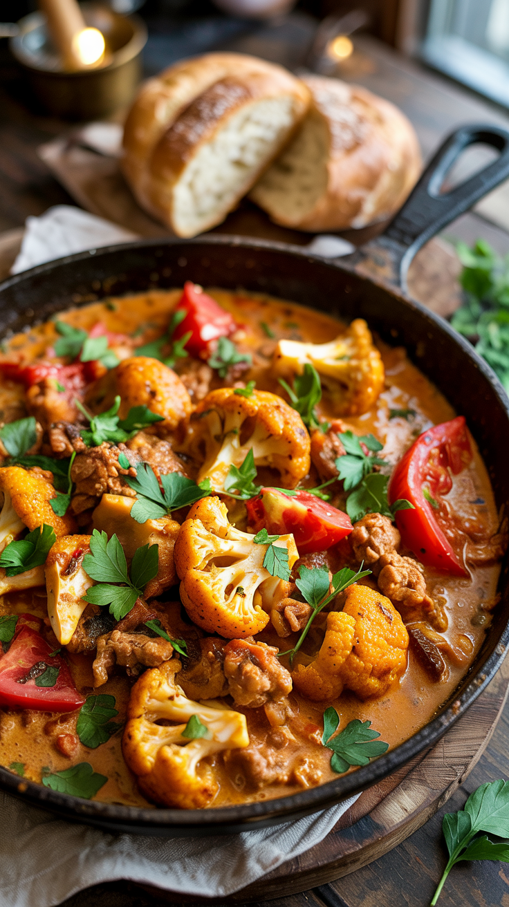 Lean turkey cooked with cauliflower, tomatoes, curry spices, and coconut milk
