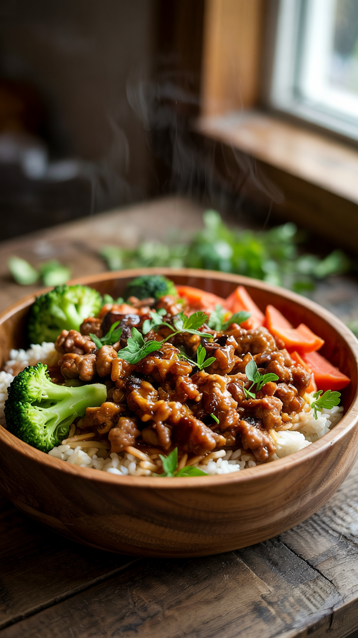 Lean turkey simmered in light teriyaki sauce over jasmine rice with broccoli and carrots