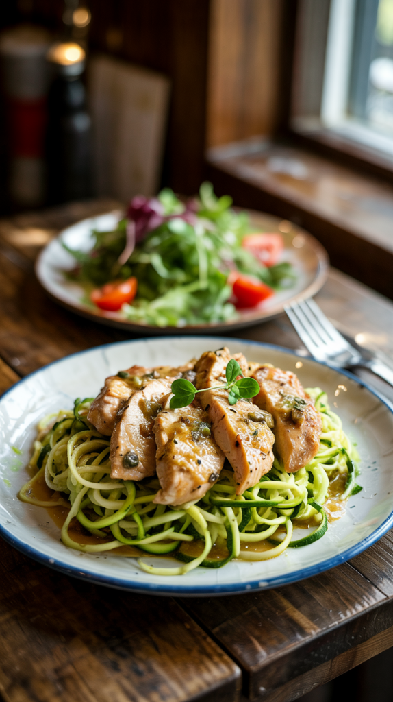 Light lemon-caper sauce served over zucchini noodles for a low-carb favorite