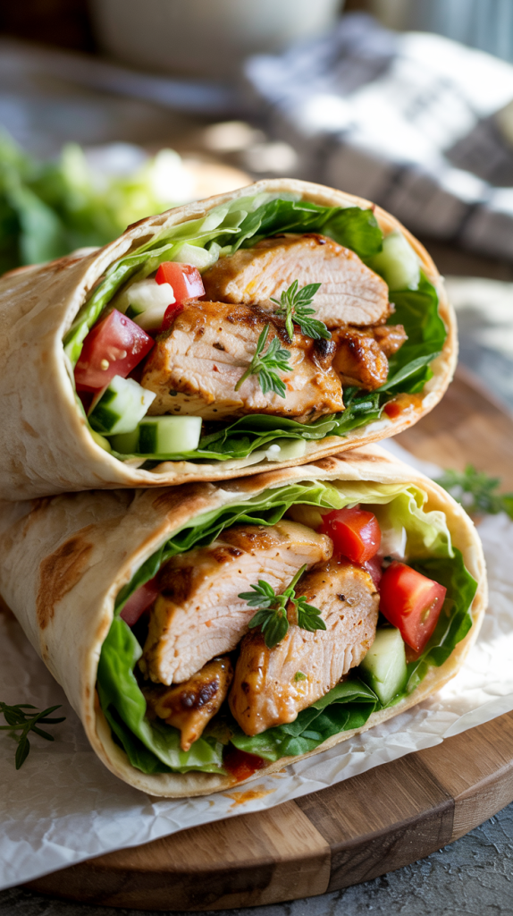 Marinated yogurt-lemon chicken breast wraps with veggies