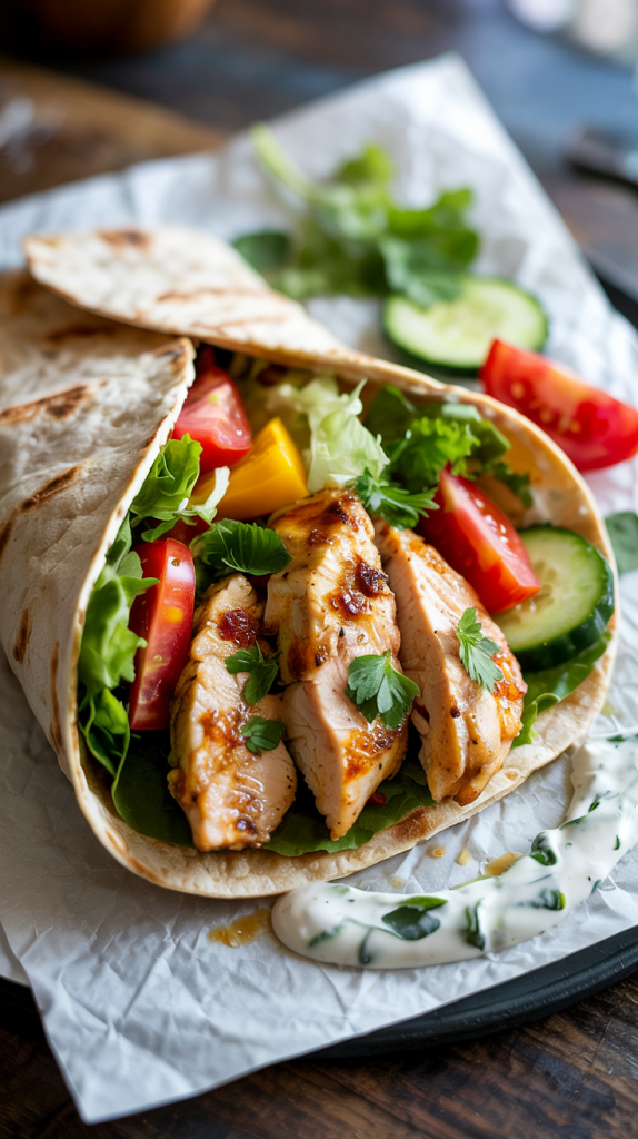 Marinated yogurt-lemon chicken tucked into warm wraps with veggies