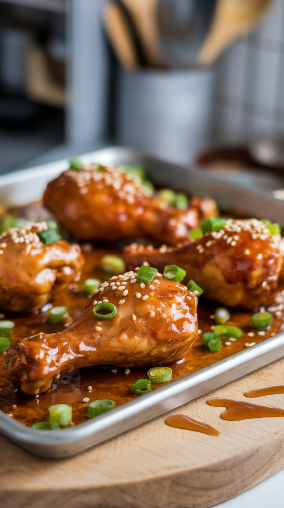 Oven-baked drumsticks coated in a lighter homemade teriyaki glaze