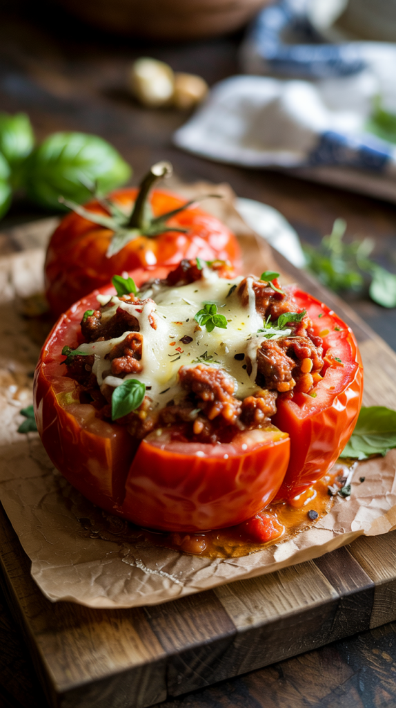 Healthy Ground Beef Recipes for Dinner Oven-baked tomatoes filled with seasoned beef, herbs, brown rice, and parmesan