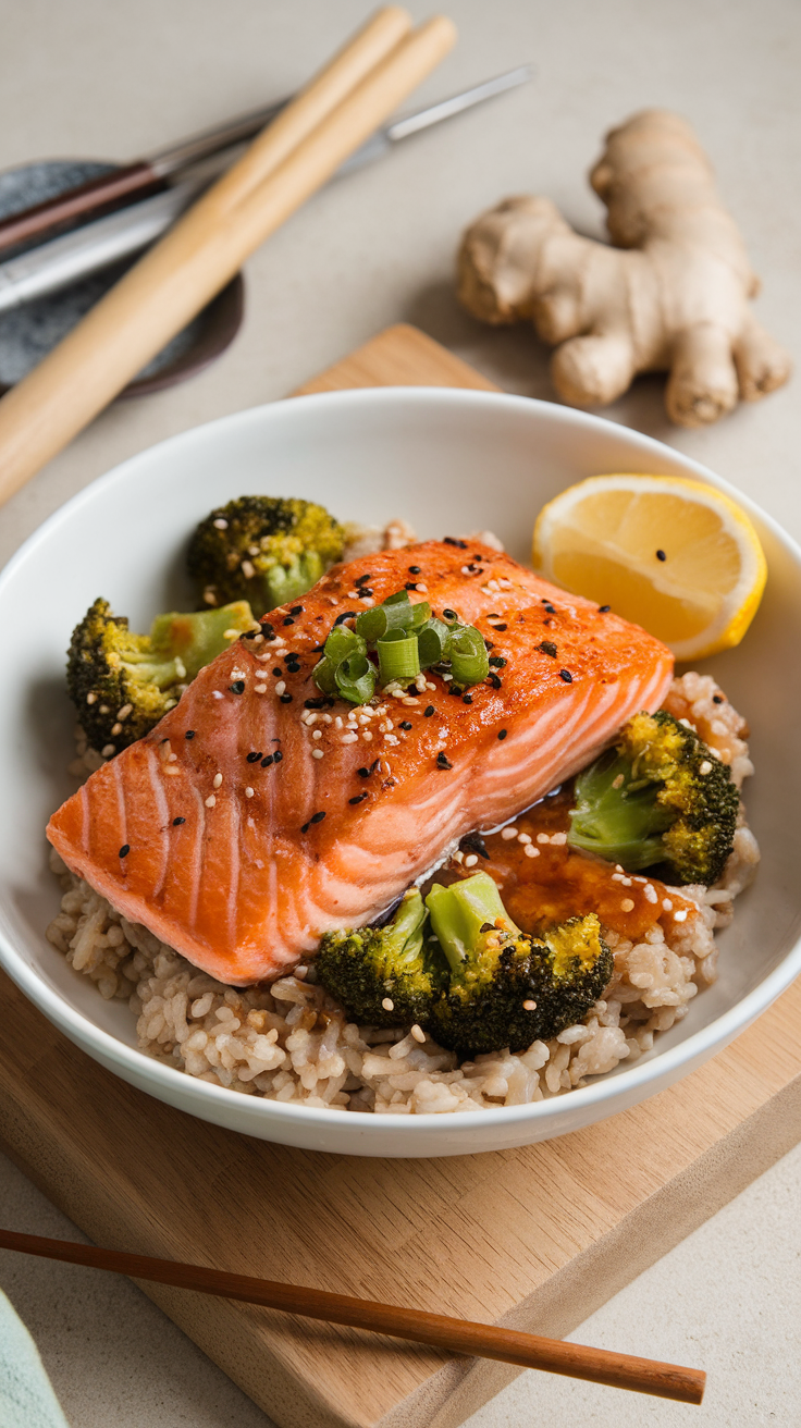 Pan-seared salmon over brown rice with broccoli, sesame seeds, and honey-garlic glaze