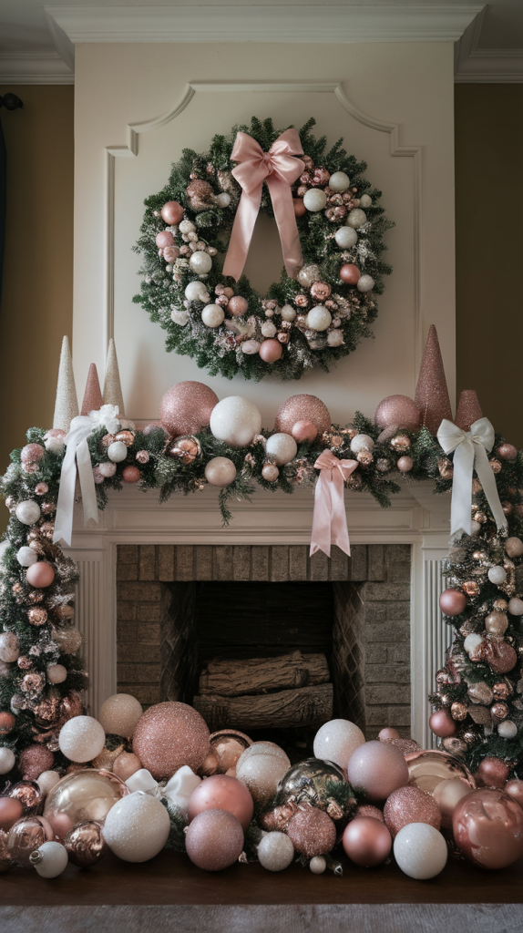 Pink christmas mantle decor