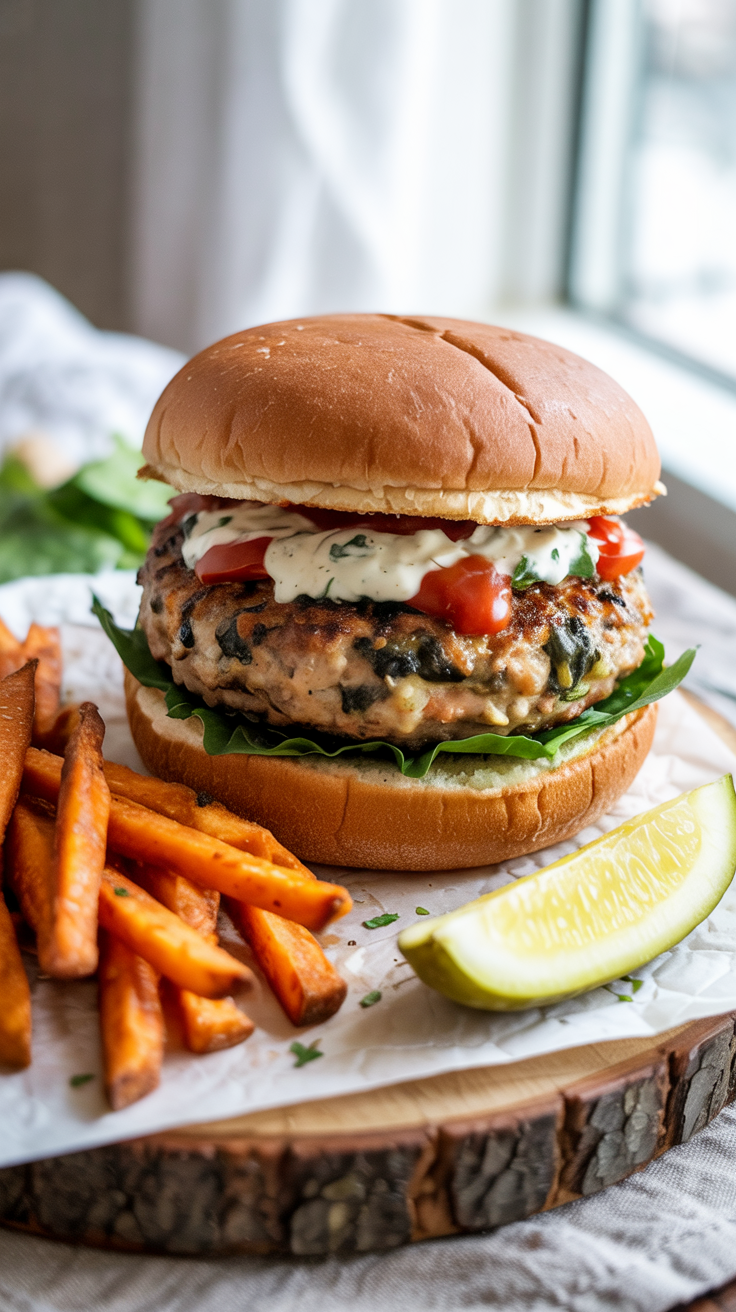 Protein-packed burgers with spinach, feta, herbs, and a lemony yogurt drizzle