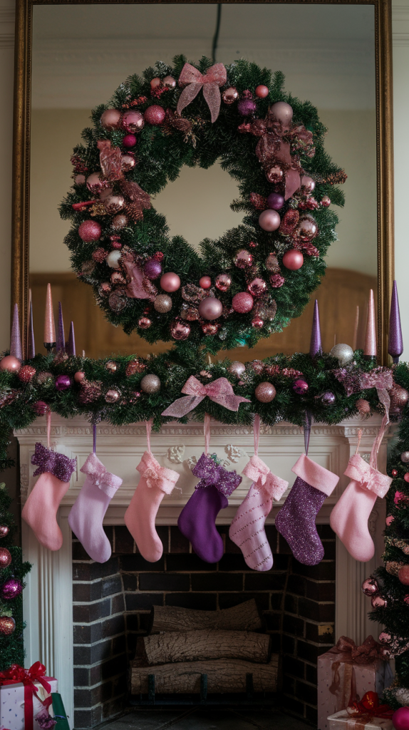 Purple christmas mantle decor