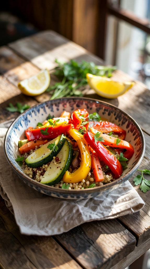 Healthy Dinner Recipes Vegetarian Quinoa topped with roasted sweet potatoes, chickpeas, broccoli, and tahini-lemon dressing