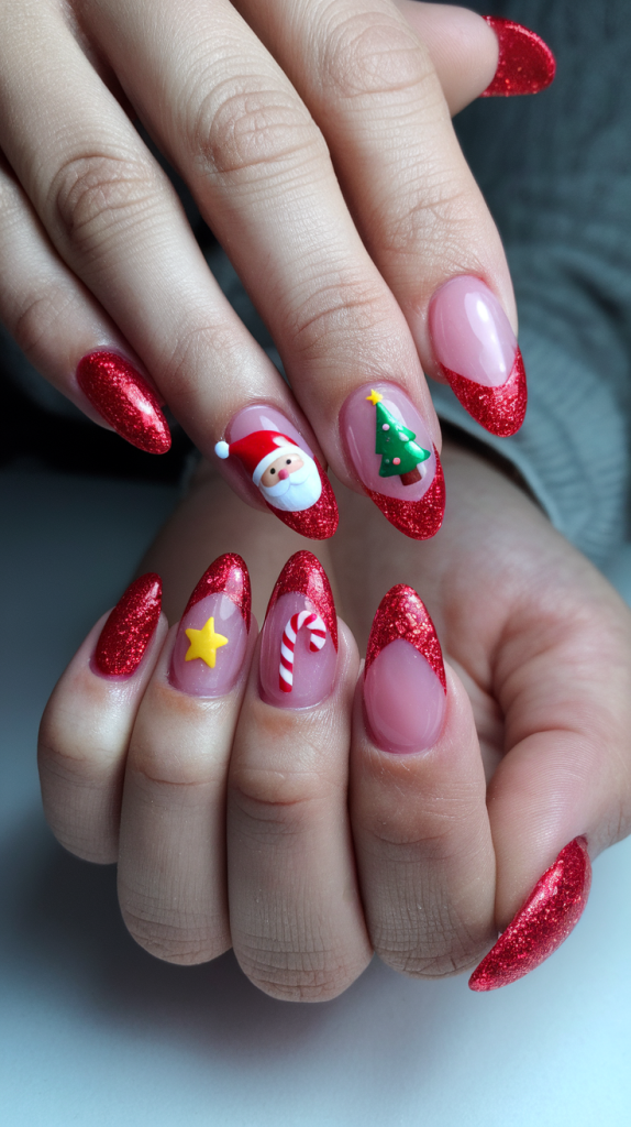 Red christmas nails almond