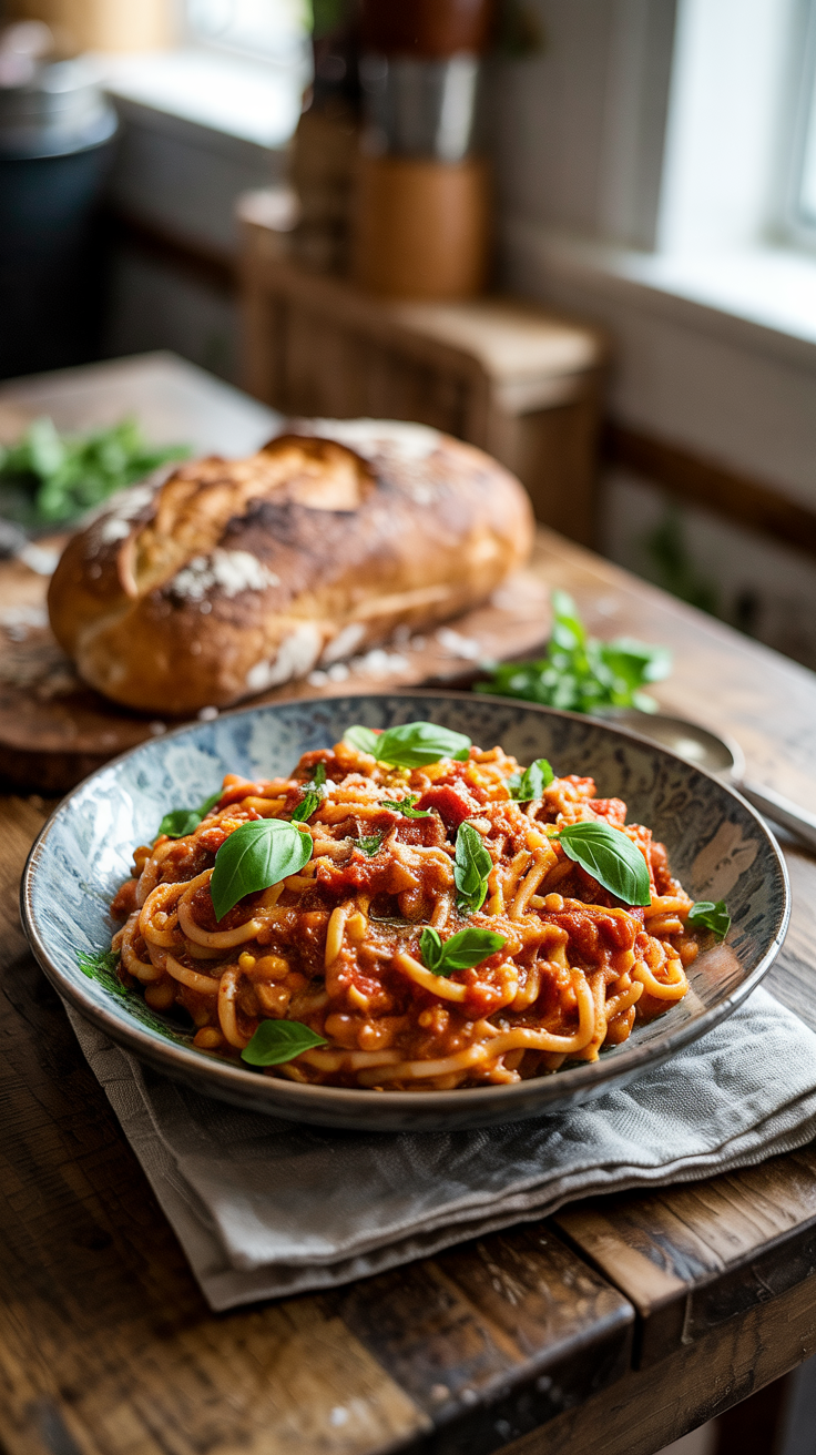 Red lentil pasta tossed in a silky tomato basil sauce made from blended veggies
