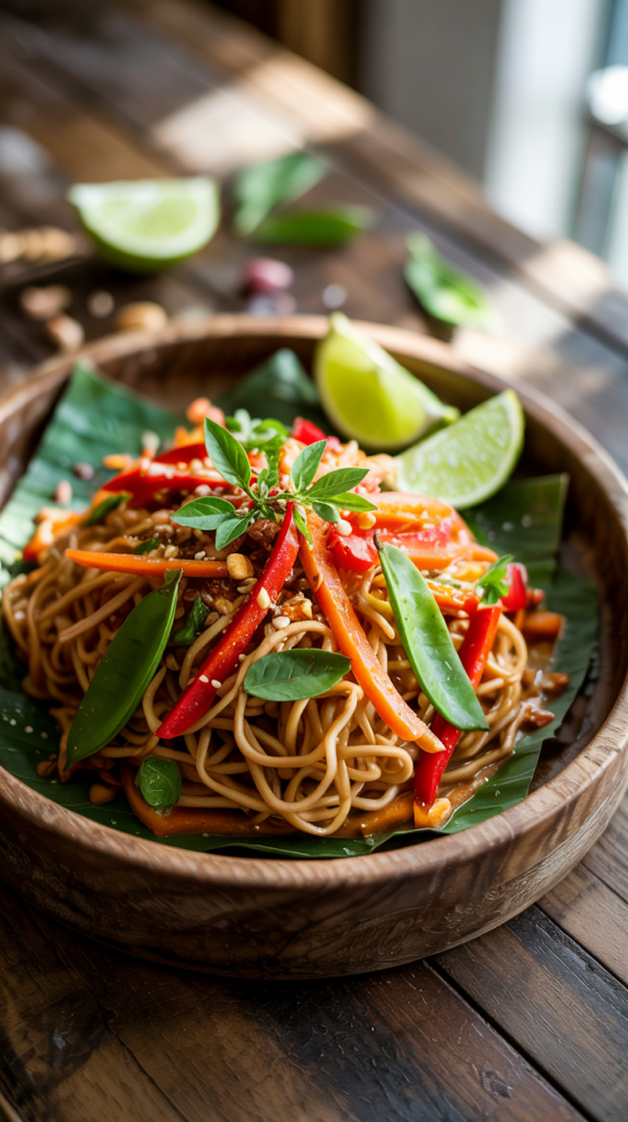 Healthy Dinner Recipes Vegetarian Rice noodles tossed with carrots, bell peppers, snap peas, edamame, cilantro, lime, and peanut sauce