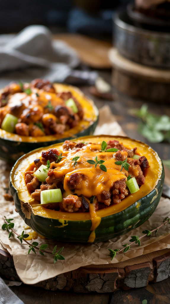 Roasted acorn squash filled with seasoned turkey, onions, celery, and herbs