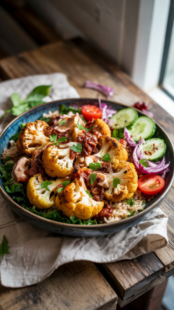 Roasted cauliflower seasoned with shawarma spices over greens, rice, and tahini sauce